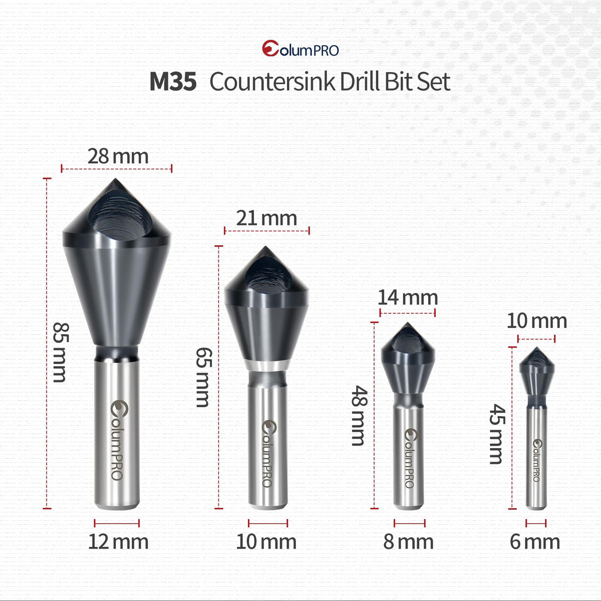 ColumPRO 4PCS Cobalt Single-End Countersink Chamfer Tool Set - Heavy-Duty M35 90-Degree Countersink Bits for Metal, Stainless Steel, Copper, Wood, Fiberboard,SAE 1/4"-3/4", 2-5, 5-10, 10-15, 15-20MM