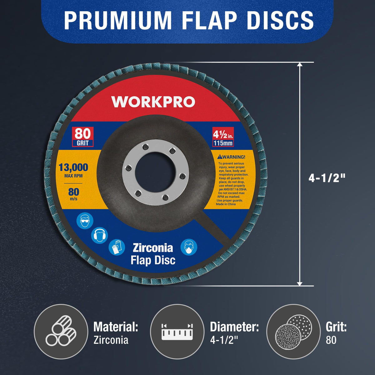 WORKPRO 20-Pack Zirconia Flap Discs, 4-1/2" x 7/8", T29, 80 Grit