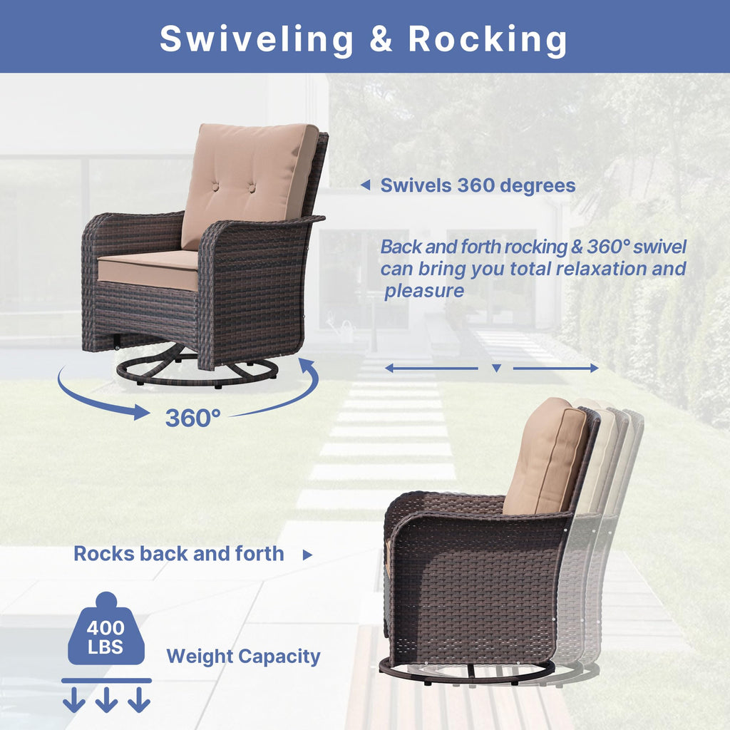 7-Piece Outdoor Swivel Rocking Chair Set with 40,000 BTU Round Fire Pit Table, Patio Furniture Set, Wicker Patio