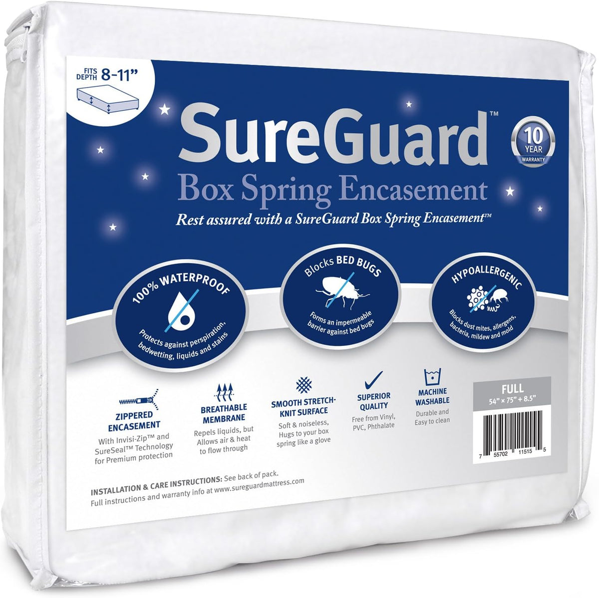 Full Size Box Spring Encasement - 100% Waterproof, Bed Bug Proof, Hypoallergenic - Premium Zippered Six-Sided Cover |