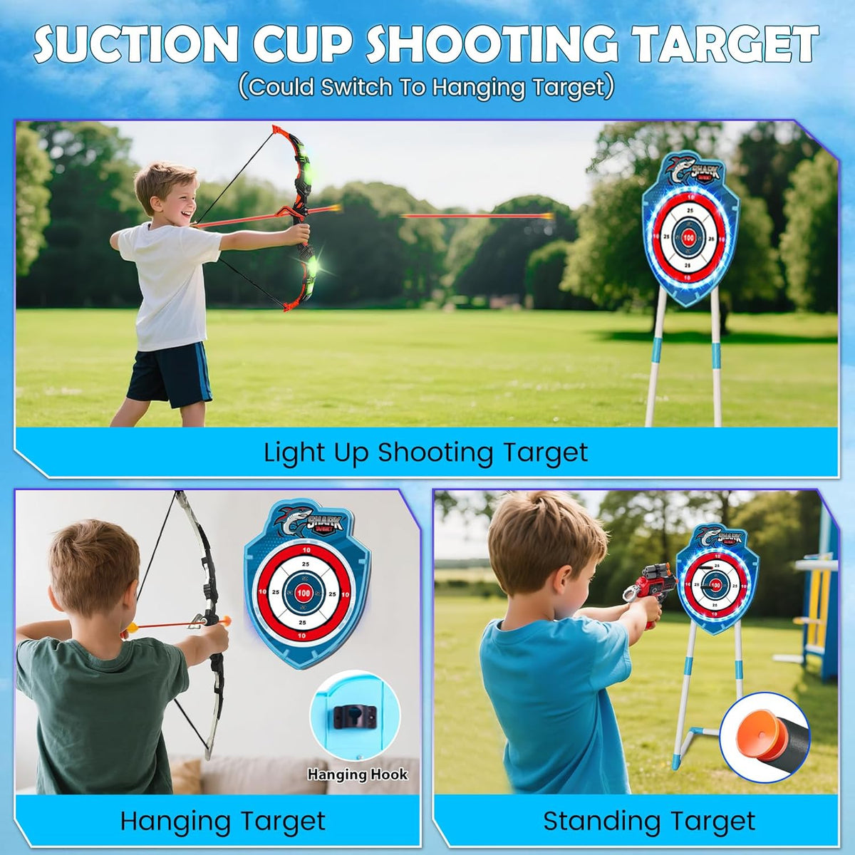 2 Pack Bow and Arrow Toy with LED Light - 4 in 1 Archery & Dart Game Set with 20 Suction Cup Arrows, Shark Glow