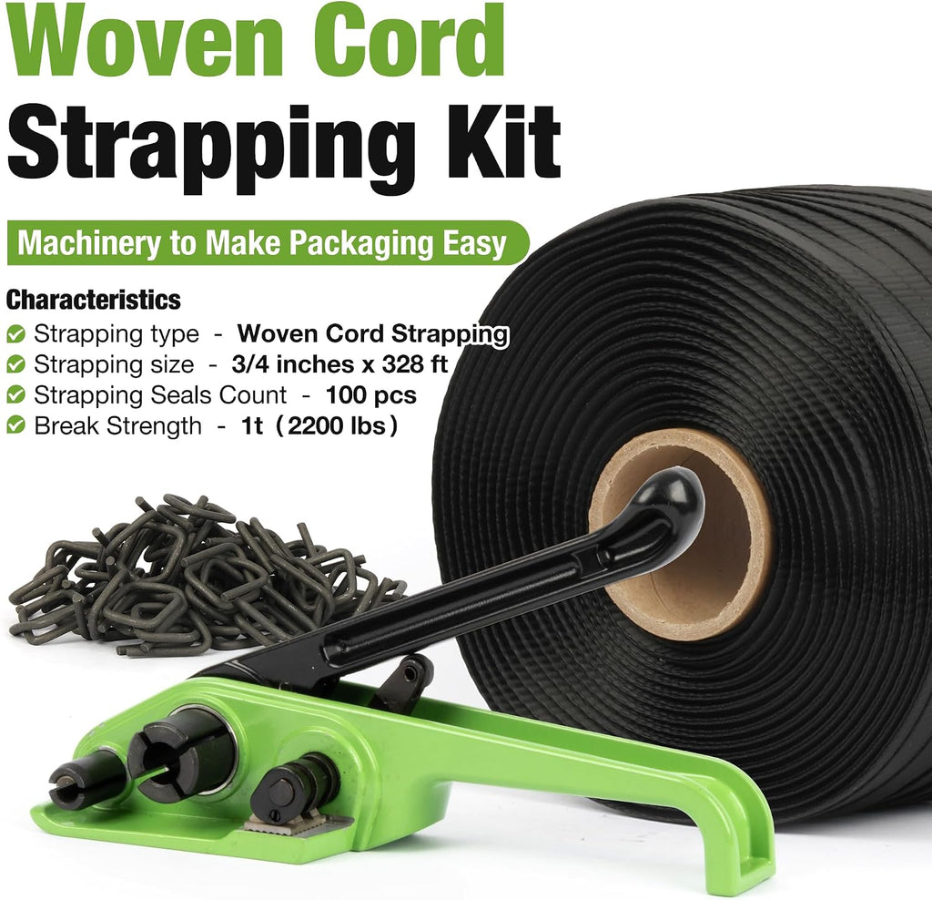 Manual Banding Strapping Kit, 3/4" x 328' Woven Cord Strapping with Heavy Duty Tensioner & 100pcs Phosphated Metal