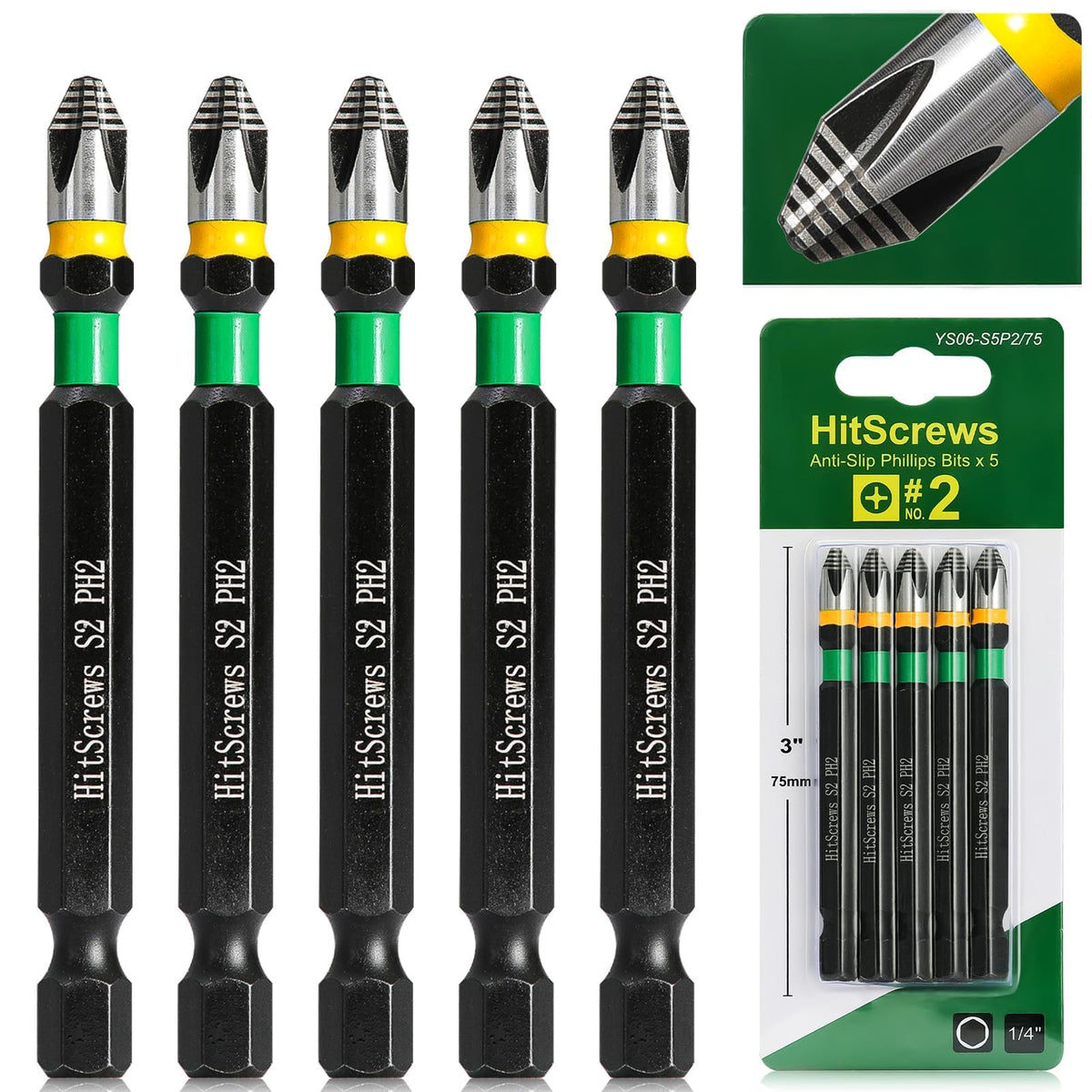 HitScrews 3-Inch Anti-Slip Phillips Impact Bits PH2,S2 Steel Drill Bits,360° Laser-Etched Magnetic Screwdriver Bit, CNC Precision, 1/4" Hex Shank for Furniture, Cabinets, Drywall & Carpentry | 5-Pack