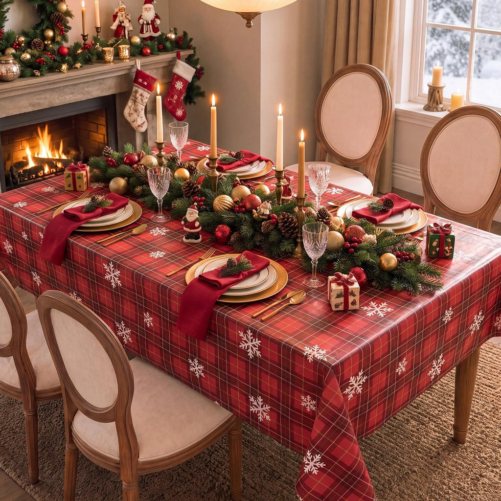 Christmas Plaid Vinyl Tablecloth, Rectangle 54 x 78, Red