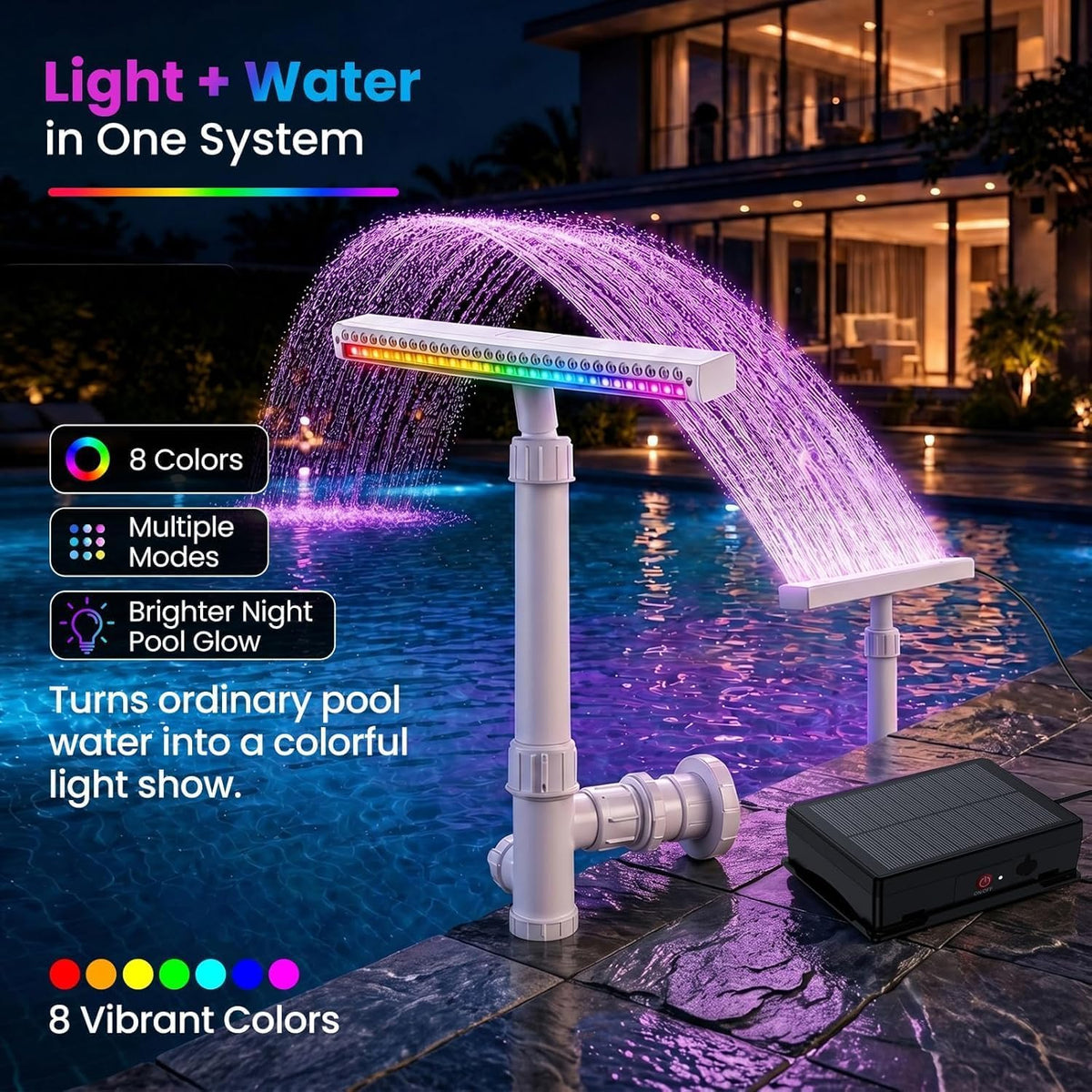 Solar Pool Fountain with Lights for Above Ground Pools | Pool Fountain Waterfall Pump with 6 Nozzle, Solar Pool