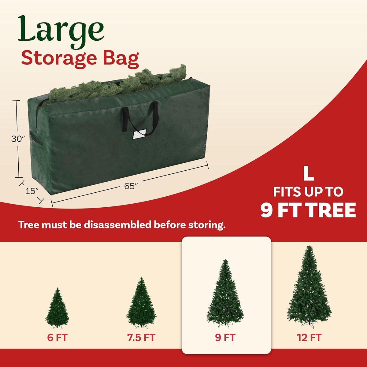Christmas Tree Storage Bag with Handles, Green, 65” x 15” x 30”