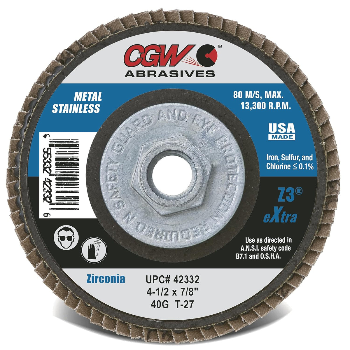 CGW Abrasives Flap Discs 42342, Z3-100% Zirconia, XL, 4 1/2", 40 Grit, 7/8 Arbor, 13,300 RPM, T27 (10 Pack)