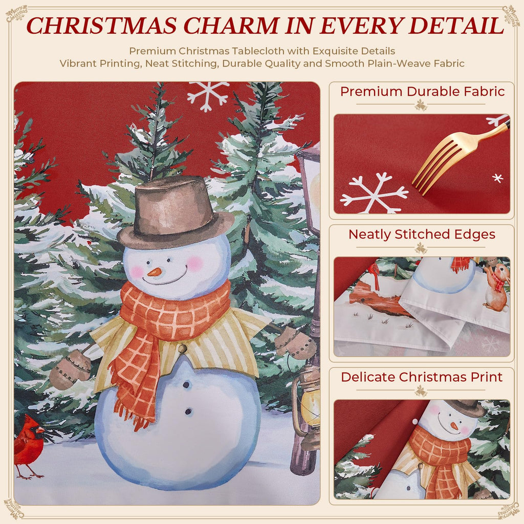 Christmas Table Cloth Round 70 Inch Winter Snowman Trees Red