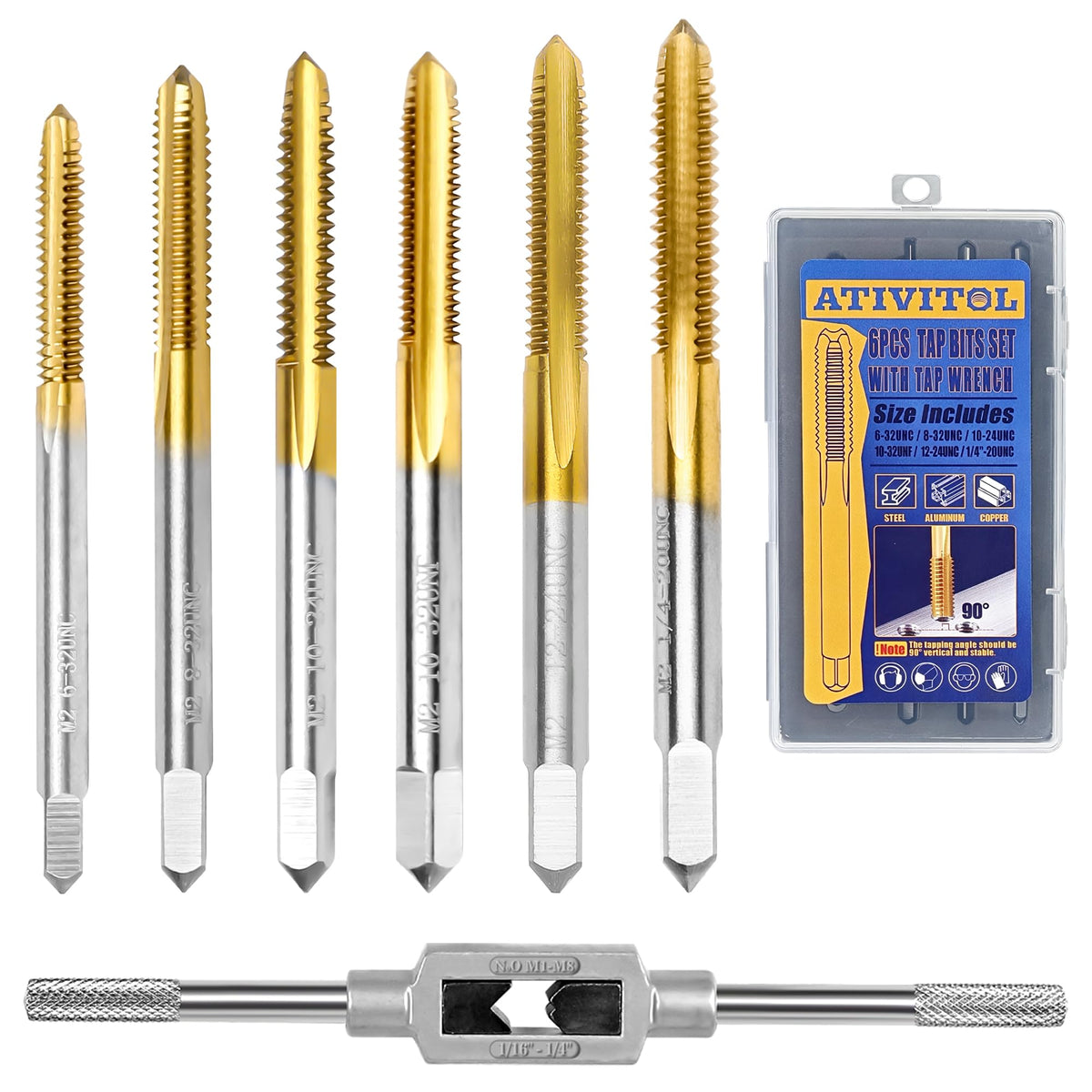 6Pcs SAE Tap Set with 1Pc Tap Wrench for Metal,6-32 UNC to 1/4"-20 UNC