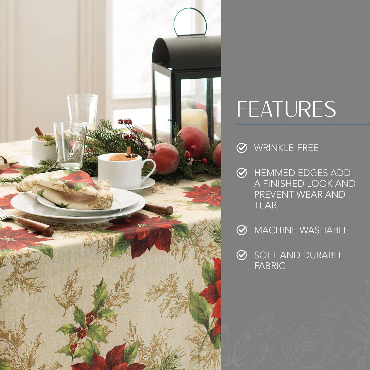 Festive Poinsettia Holiday Fabric Tablecloth, Multicolor - 60" W x 84" L
