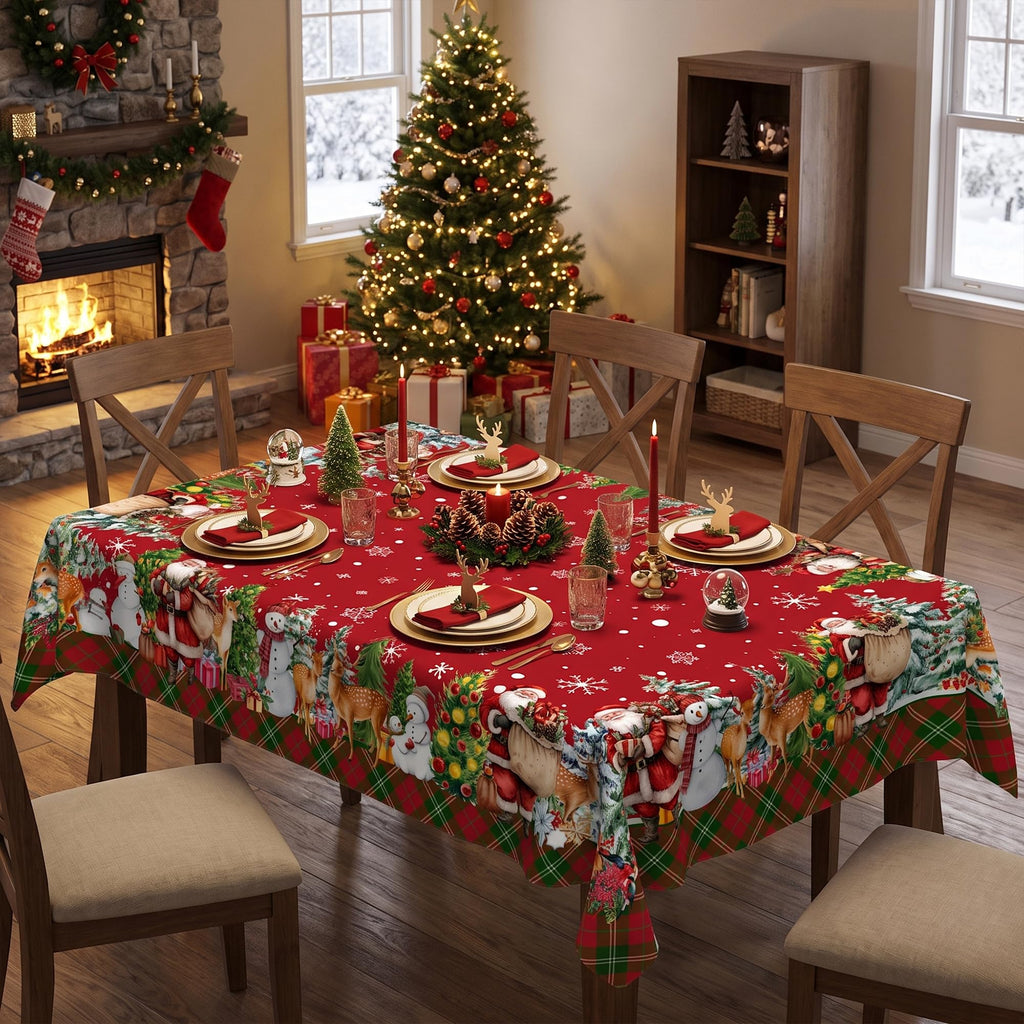 Christmas Tablecloth 60x84 Inch, Santa Claus & Snowman Water Resistant Rectangular Table Cover, Farmhouse Winter