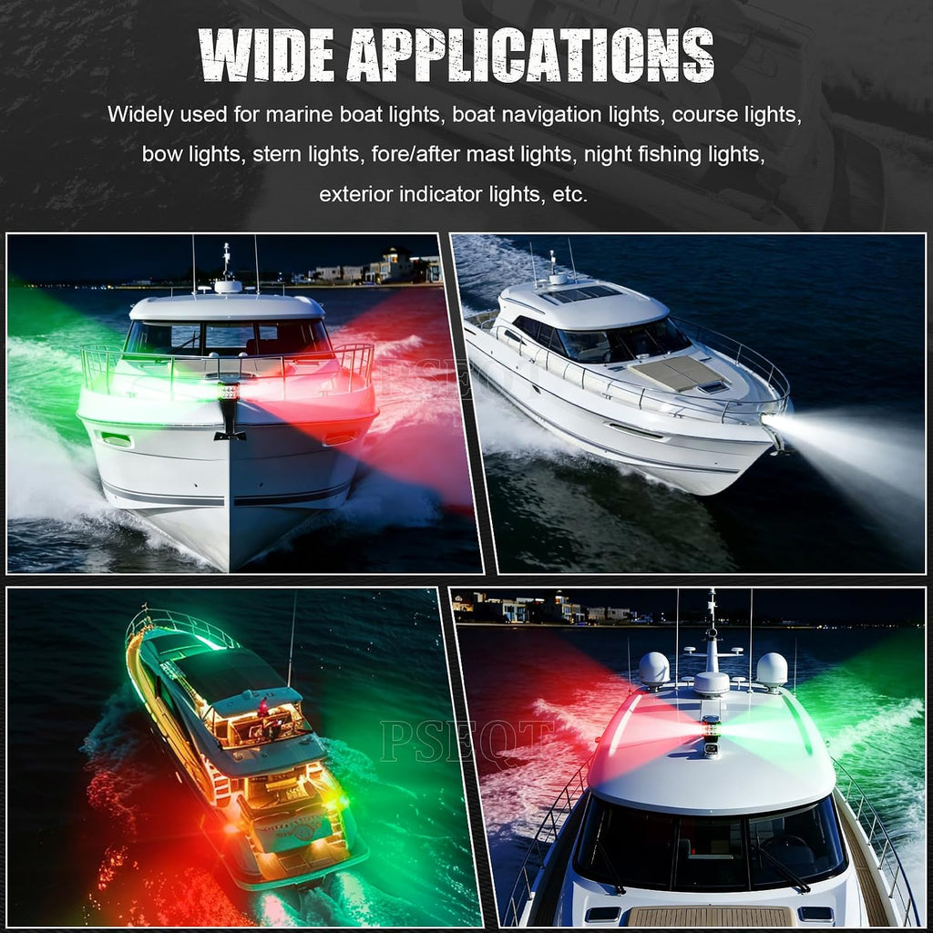 PSEQT 12LED Red Green White Marine Boat Navigation Light, 12V-24V Waterproof LED Boat Bow Stern Center Light with 5 Modes (Steady-on/Strobe), Aluminum Housing for Yacht Sailboat Pontoon Boat, 2Pcs