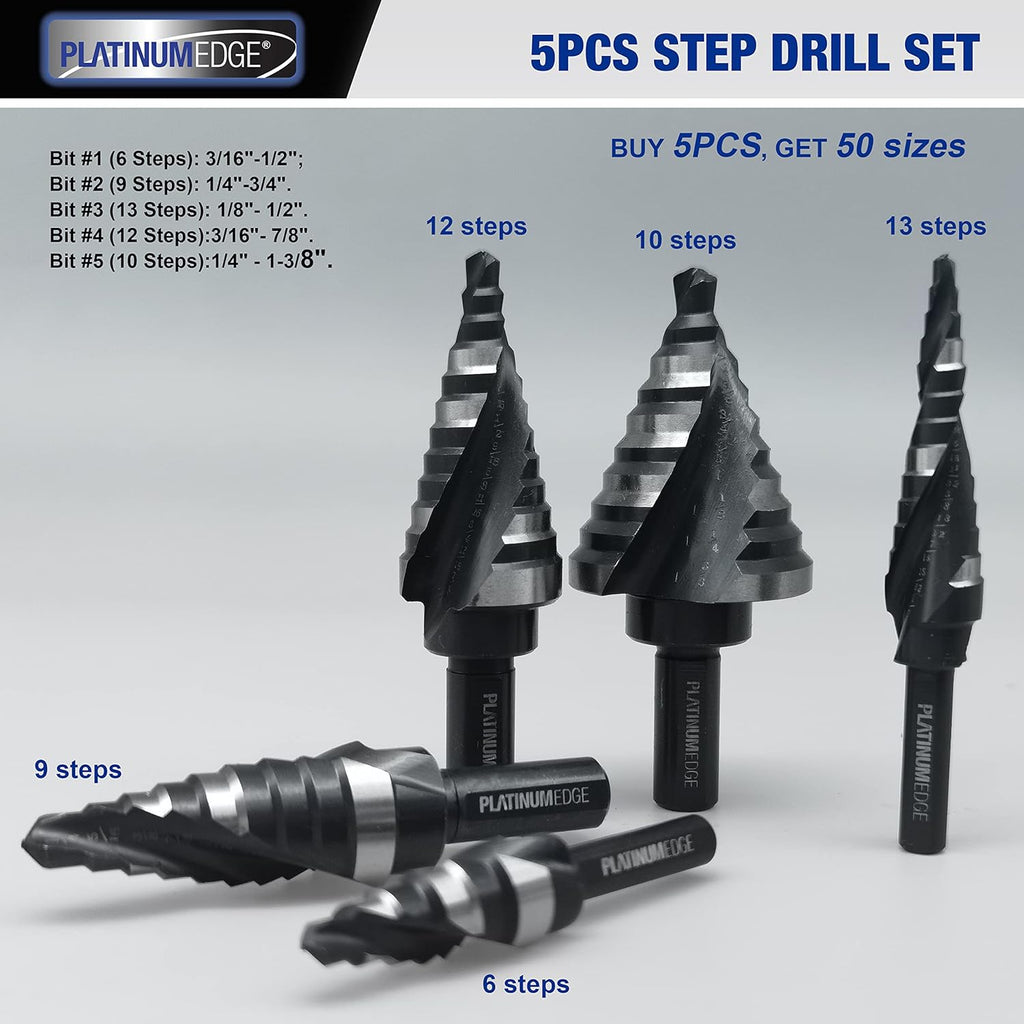 PLATINUMEDGE Step Drill Bits Set, 5 Pcs High Speed Steel Step Drill Bit for Sheet Metal, 50 Step Sizes Hole Drilling, Double Flute Cutting Blades, Nitride Black Coating and Polished, Storage Box