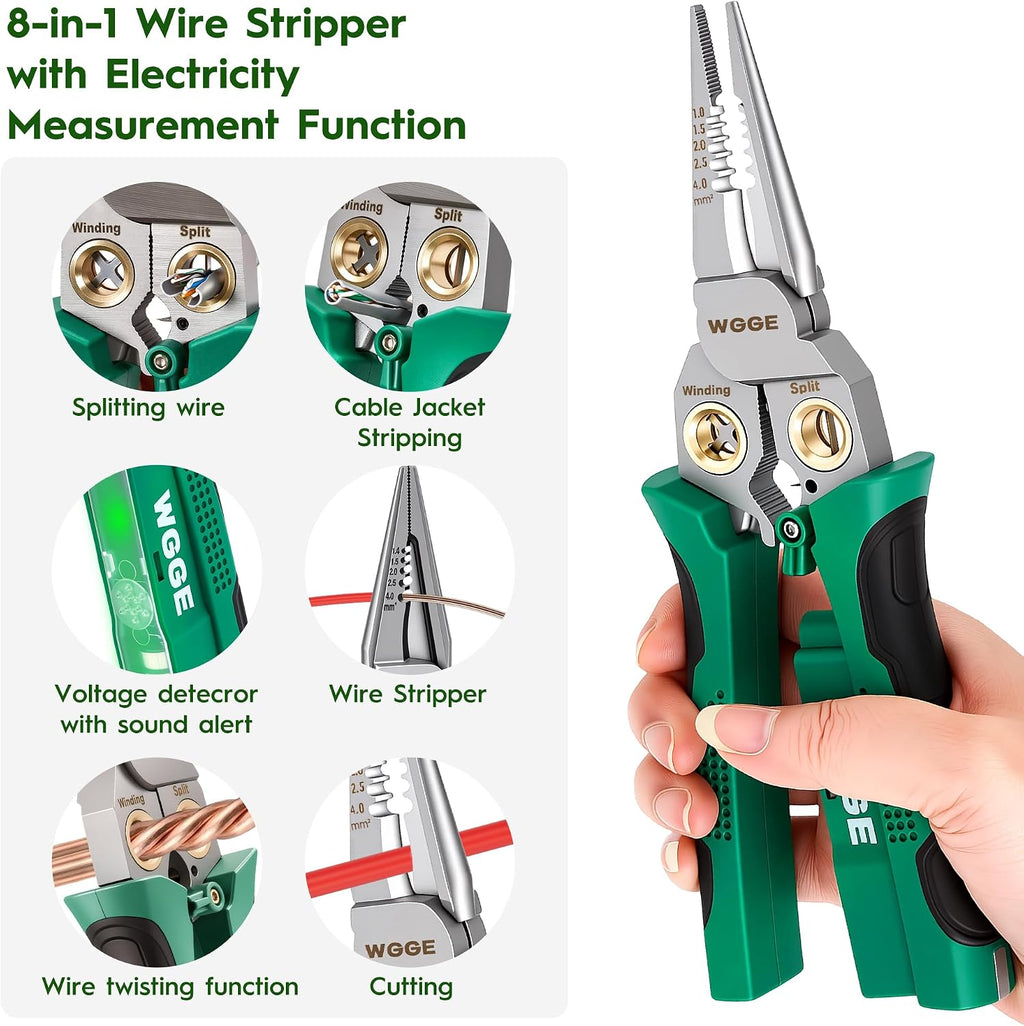8-in-1 Wire Stripper with Voltage Detector, Cutter and Crimper | Electrical Pliers with Voltage Detection for Wire