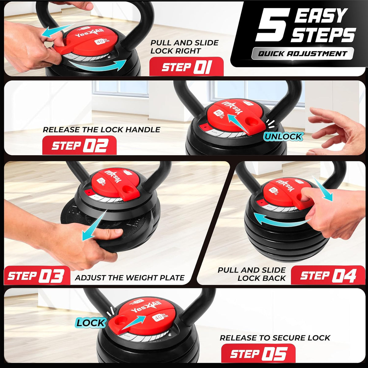 Adjustable Kettlebell Set, 20–40 LB Weight Set, Solid Cast Iron Handle with Spacer Disks & Secure Lock, Space-Saving