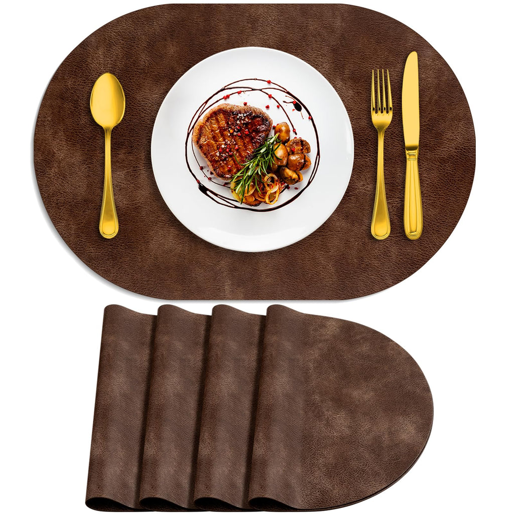Oval Placemats Set of 4, Wipeable Faux Leather, Brown