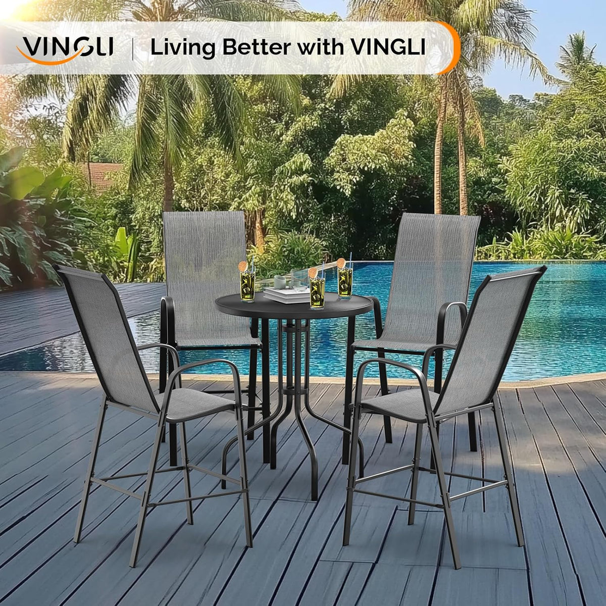 Set of 4 Stackable Outdoor Bar Stools – Sling Chairs with High Back & Armrests