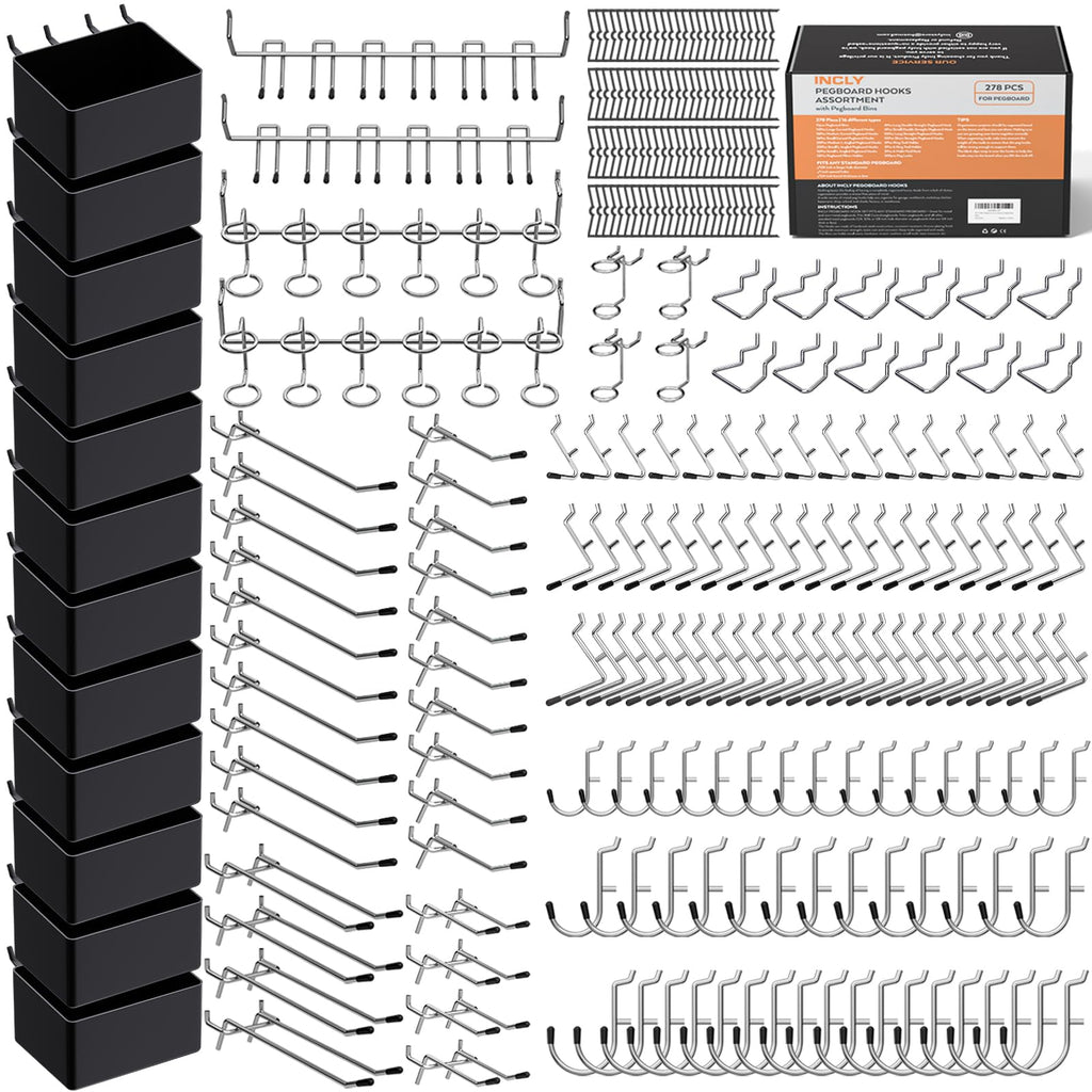 278PCS Pegboard Accessories Organizer Kit with Peg Borad Hooks & Bins