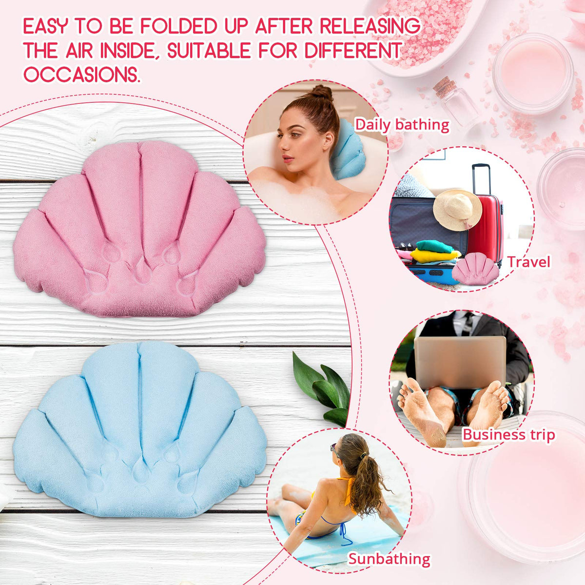 2 Pcs Shell Shape Inflatable Bath Pillow with Suction Cups