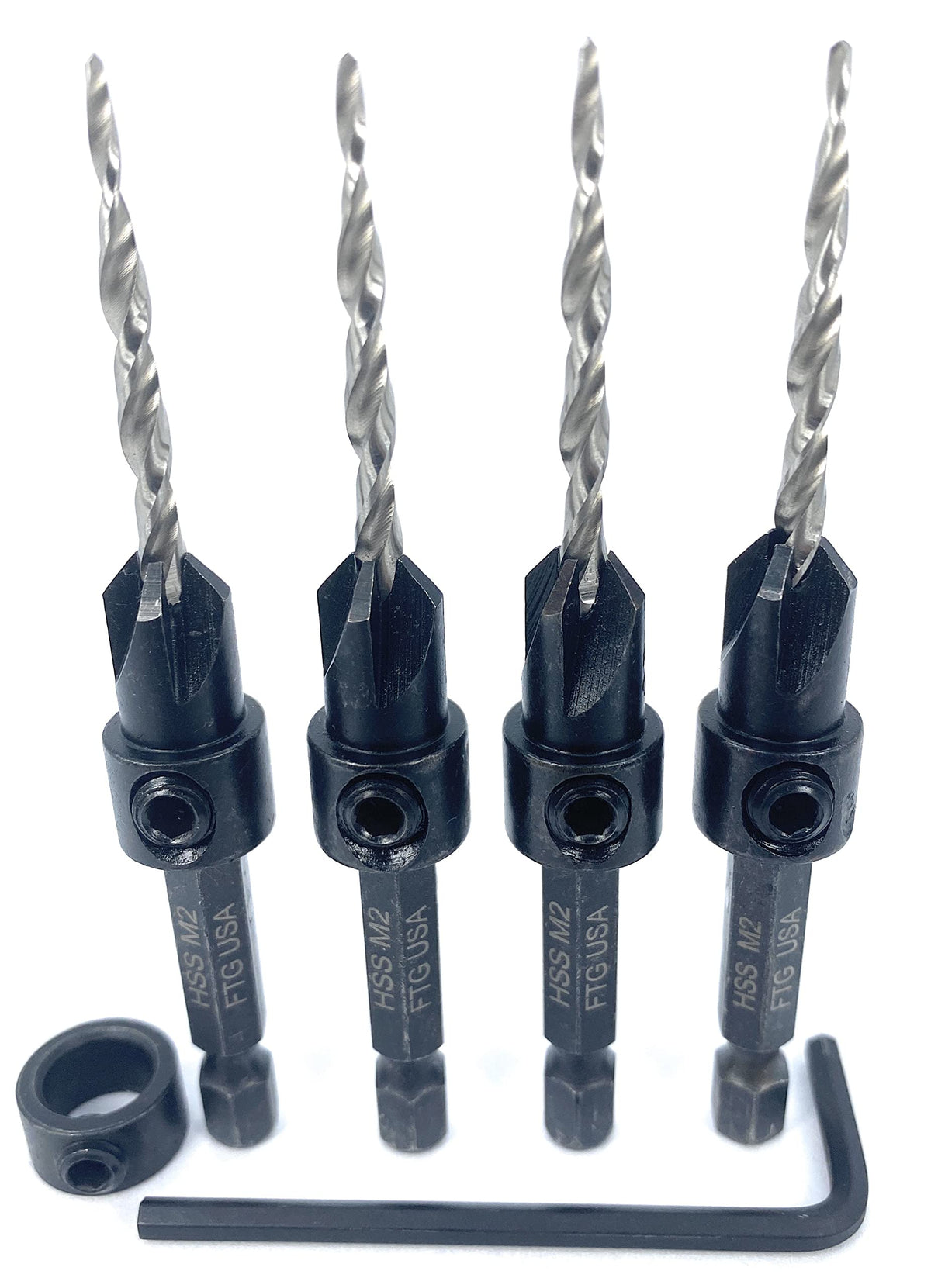 FTG USA 4 Pc #6 (9/64") Tapered Countersink Drill Bit Set with 1 Stop