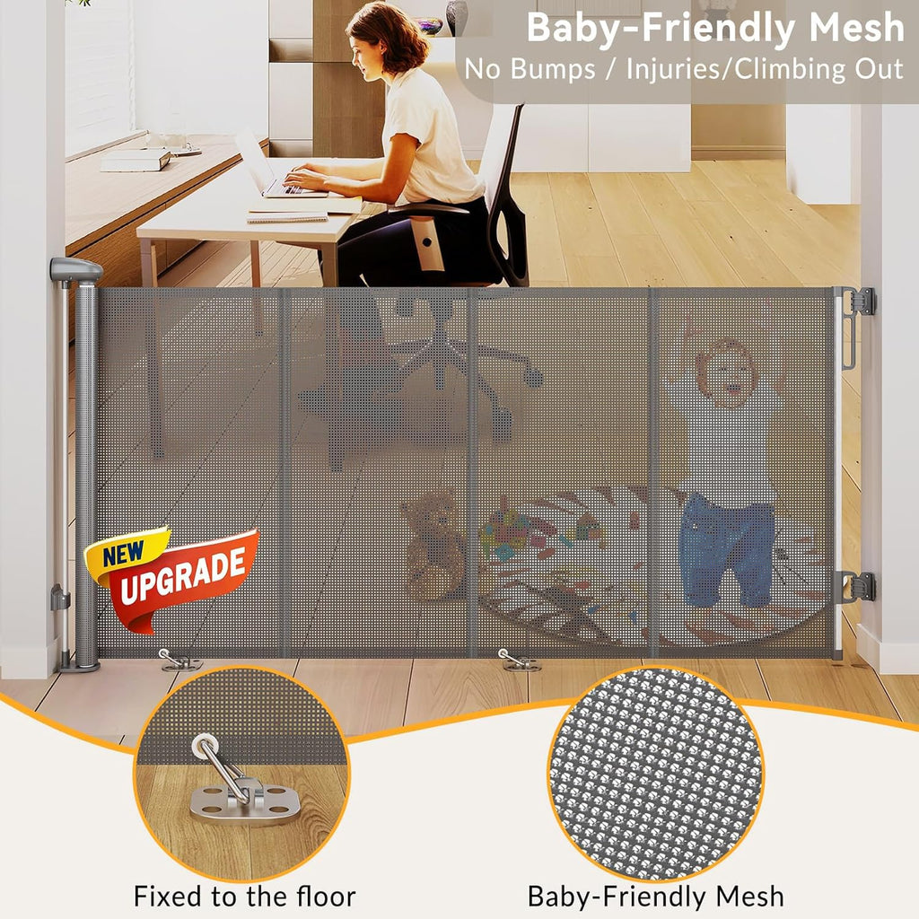 200" Extra-Wide Retractable Indoor Mesh Pet & Child Safety Gate with One-Hand Safety Lock for Wide Openings, Patios & Stairways