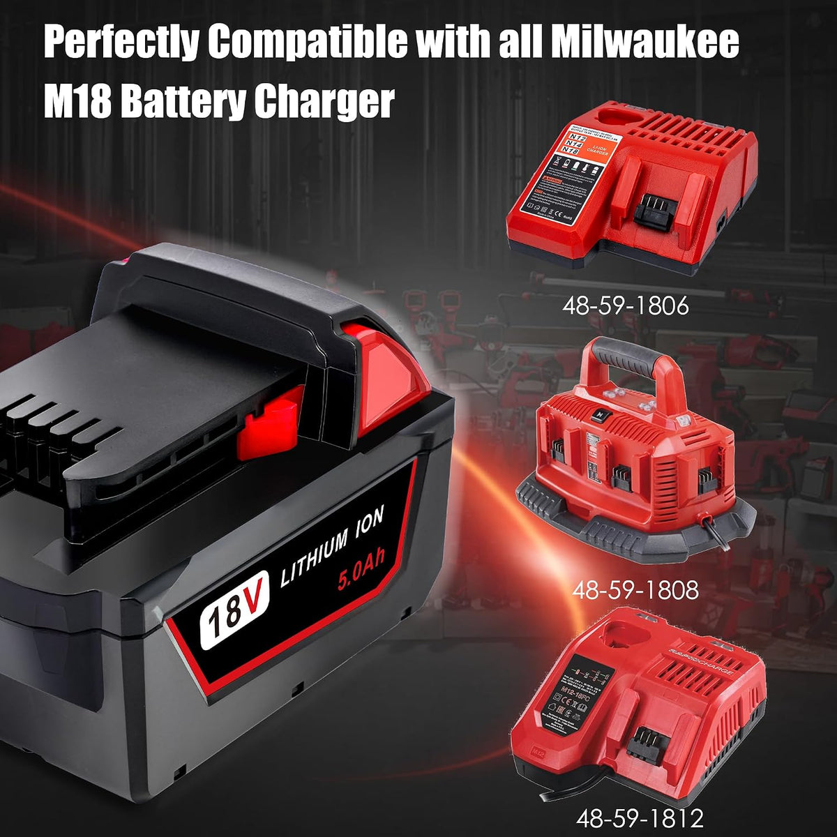 2 Pack Replace for Milwaukee M18 Battery 5.0ah and Charger Combo,Compatible with Milwaukee M18 Cordless Power Tools 18V Lithium Battery 48-11-1850 48-11-1840 48-11-1860