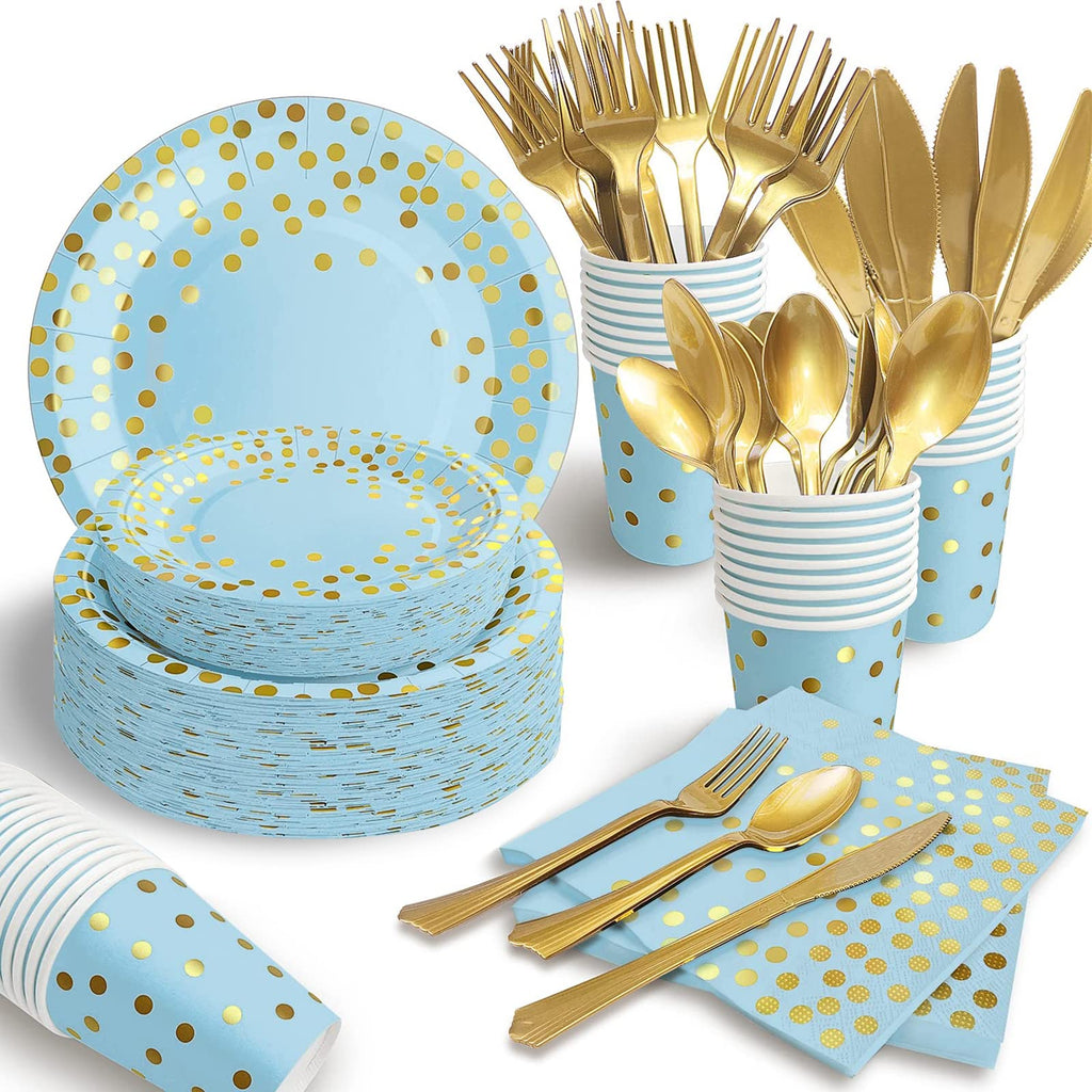 Blue Gold Paper Plates Set, 175PCS Disposable Dinnerware for 25