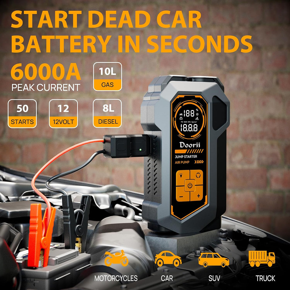 6000A Jump Starter with Air Compressor, 10-in-1 Car Jumper Starter Portable, 150PSI Tire Inflator/Air Pump, LED