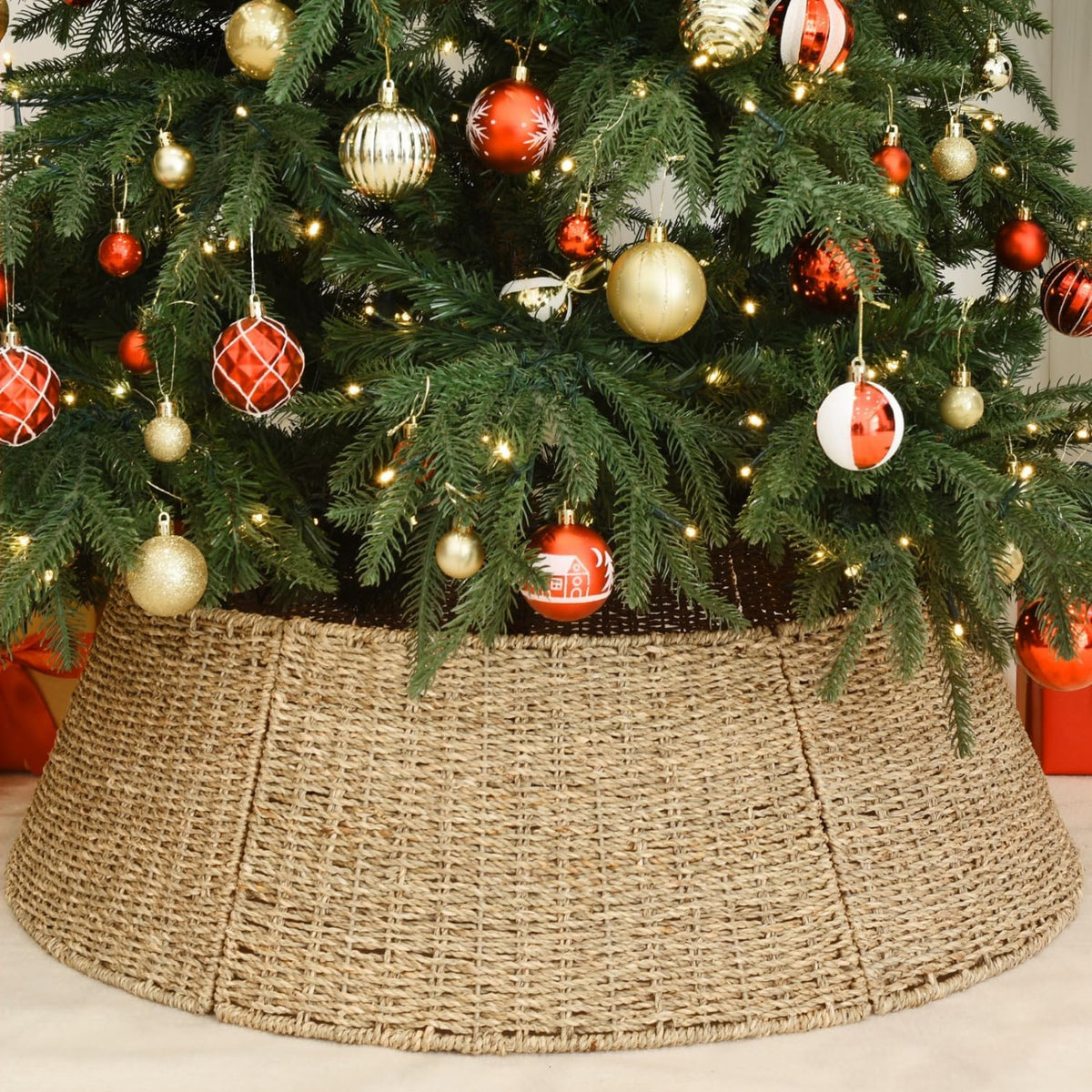 32 in Extra Large Rattan Christmas Tree Collar Basket - Rustic Handcrafted Christmas Tree Stand Cover Woven Tree