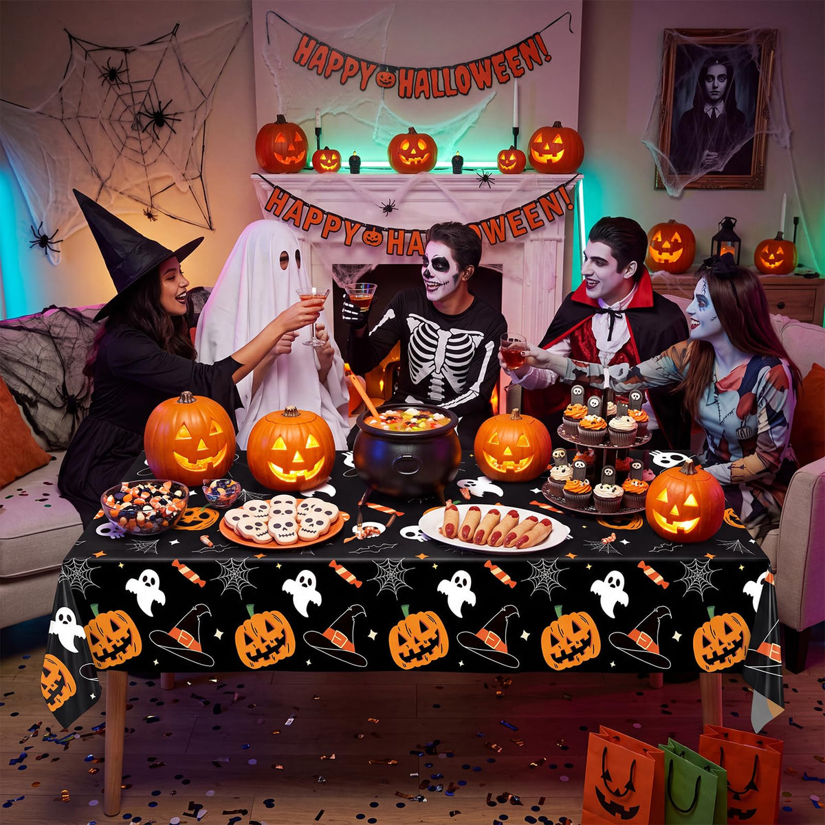 6 Pack Halloween Tablecloth, 54" x 108" Rectangular Plastic Halloween Pumpkin Ghost Table Cloth Large Size Halloween