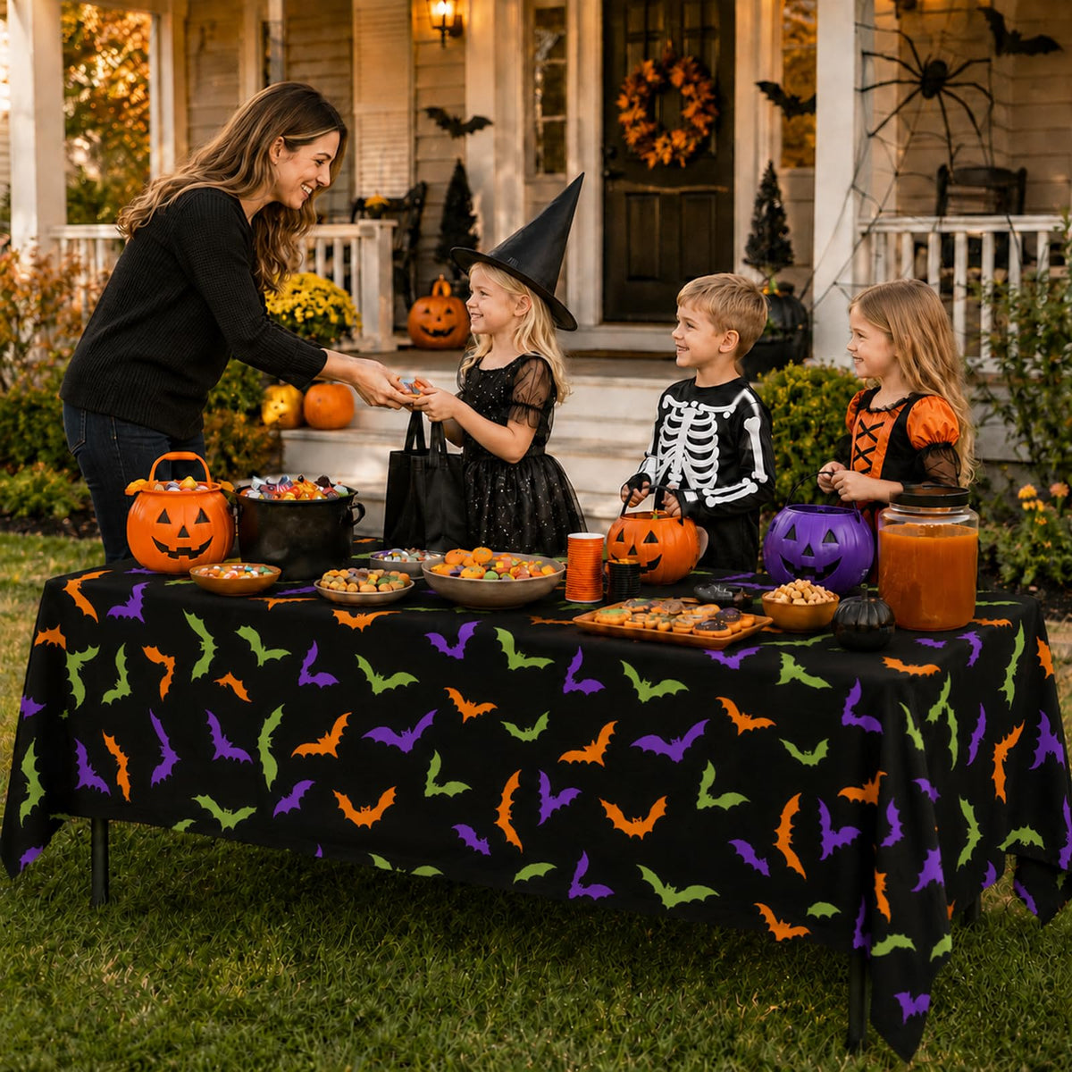 4Pcs Halloween Tablecloth - Black Orange Purple Green Spiderweb Rectangle Table Covers Halloween Birthday Decorations