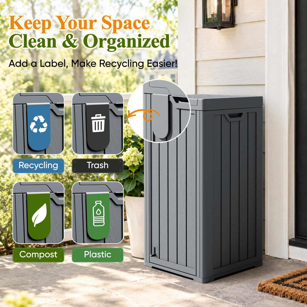 33 Gallon Outdoor Trash Can with Lid, Front Door & Top Lid, Gray