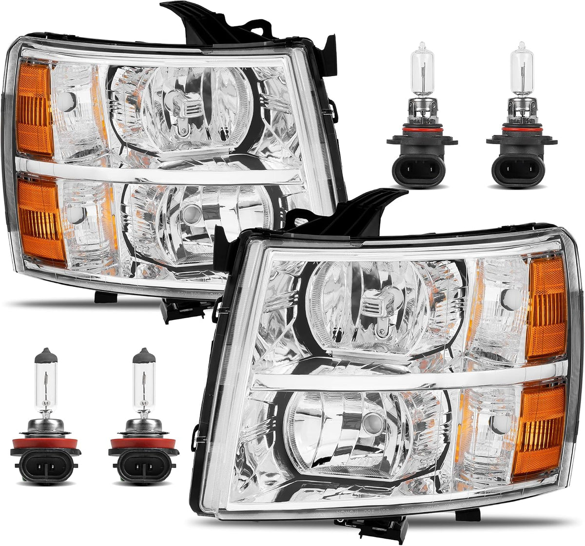KUIPERAUTO Headlight Assembly Front Lamp Compatible with 2007-2013 Chevy Chevrolet Silverado 1500 2500HD 3500HD Chrome Housing/Clear Lens/Amber Corner with Bulb