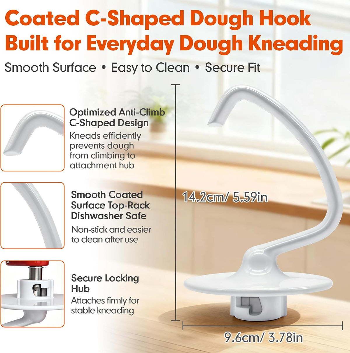 K45DH Coated C Dough Hook for KitchenAid 4.5-5Qt Tilt-Head Stand Mixers | Fits K45 K45SS KSM90 KSM150, Dishwasher