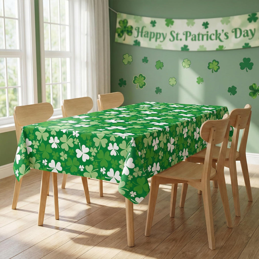 3 PCS St. Patrick’s Day Tablecloth, Green Shamrock Disposable Plastic Rectangle Table Covers for Irish Clover