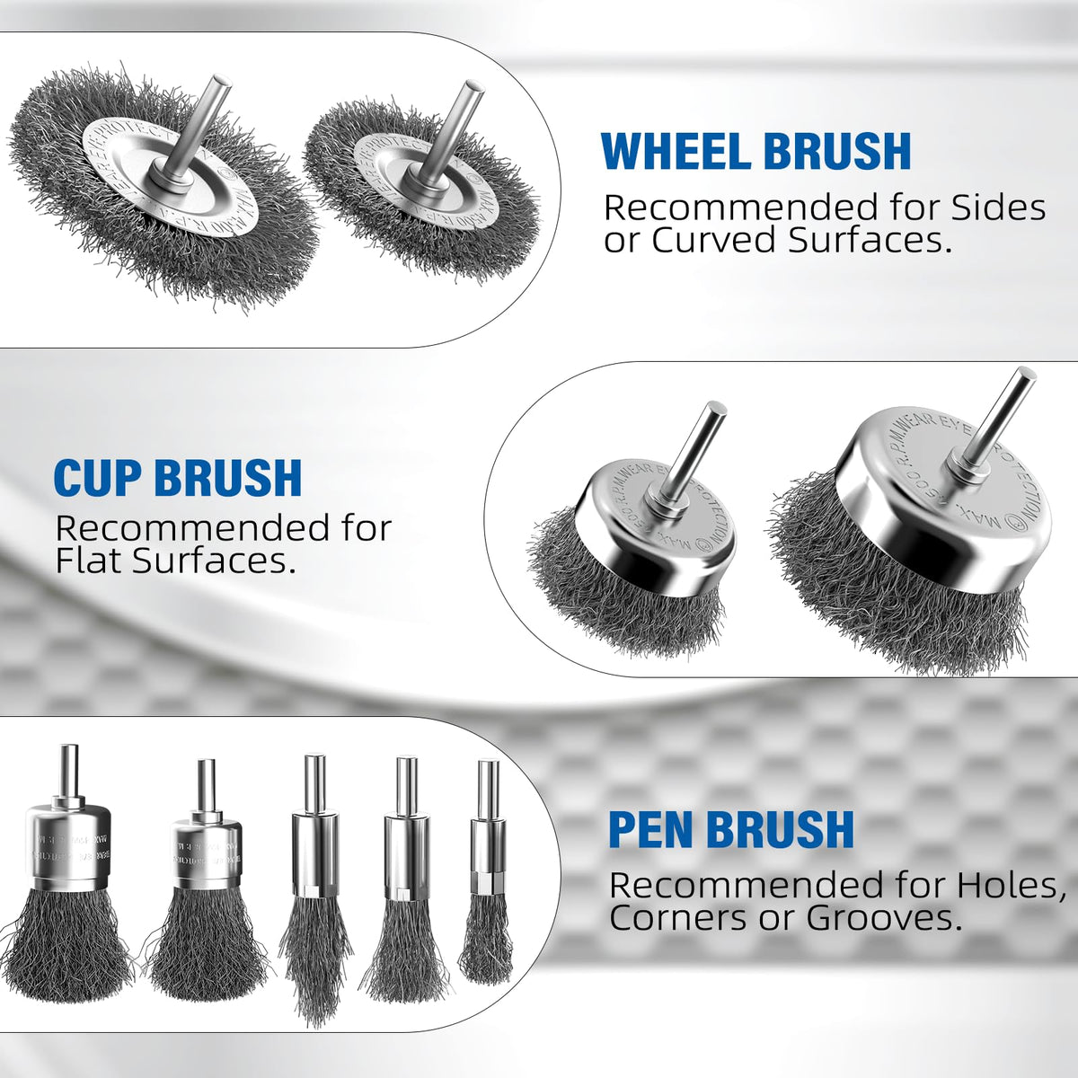 BURMONG Wire Brush for Drill 9Pcs, Wire Wheel for Drill 1/4 Inch Round Shank, Carbon Steel Cup/ Wheel/ Pen Brush Set for Rust Removal, Corrosion and Scrub Surfaces