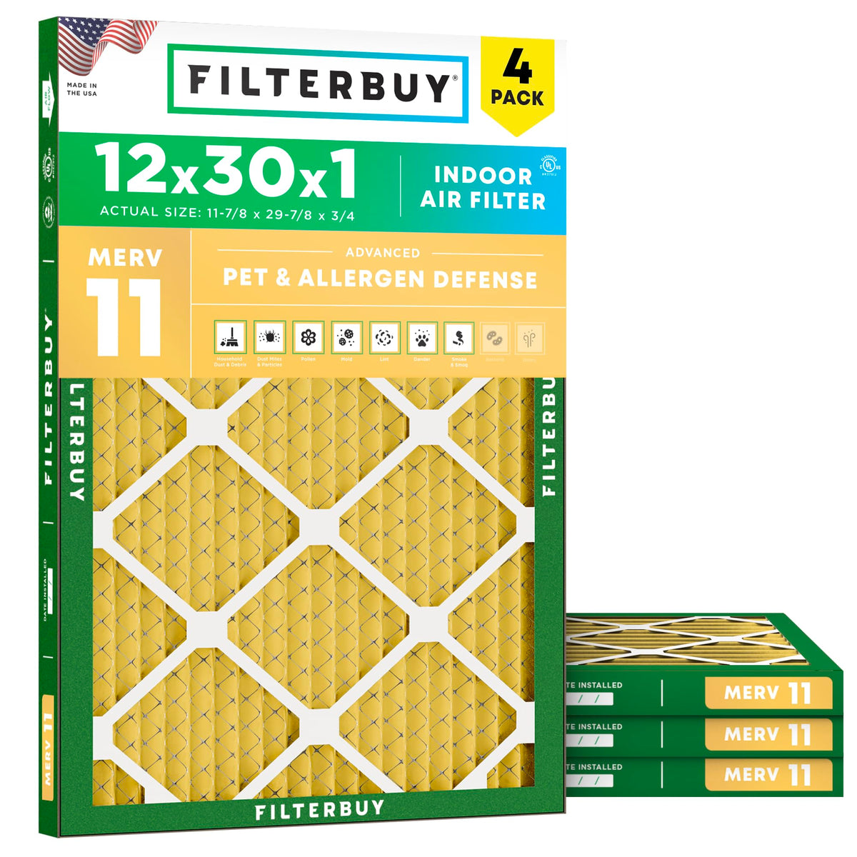 12x30x1 Air Filter MERV 11 Pet & Allergy Defense (4-Pack)