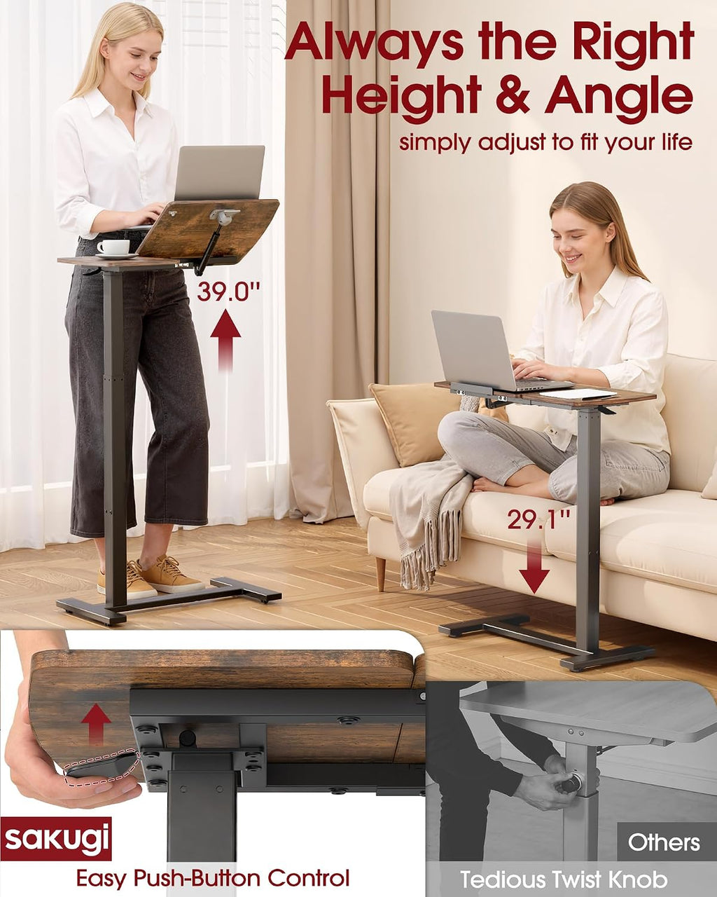 Overbed Bedside Table with Wheels, Right-Side Tilt Top, 29.1"–39" H