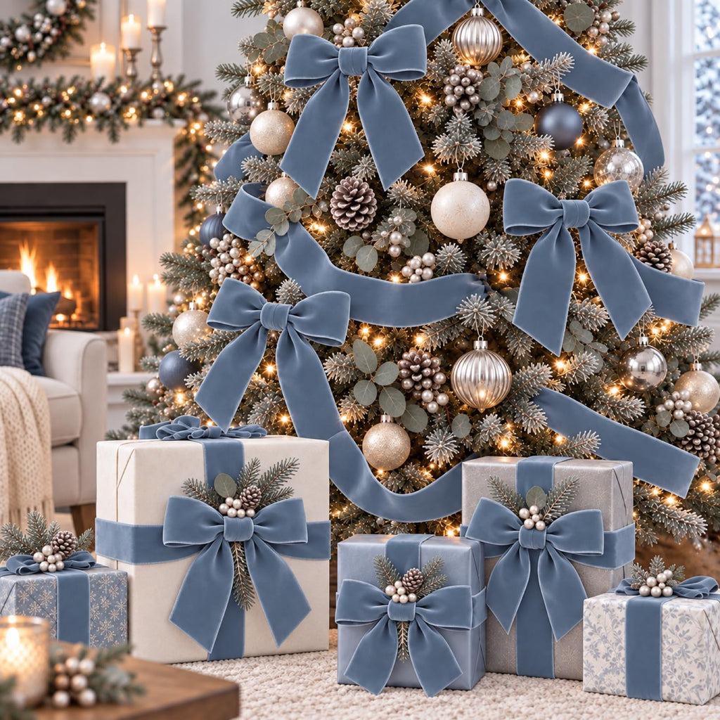 10 Yards Dusty Blue Velvet Ribbon for Christmas Tree, 2 Inch