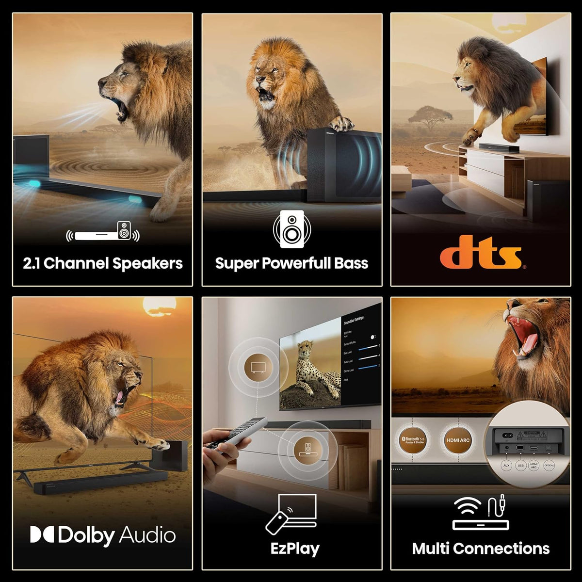 HS2100 2.1ch Soundbar with Wireless Subwoofer, Dolby Audio, DTS Virtual:X, HDMI ARC, Bluetooth 5.3, Remote Control, 6