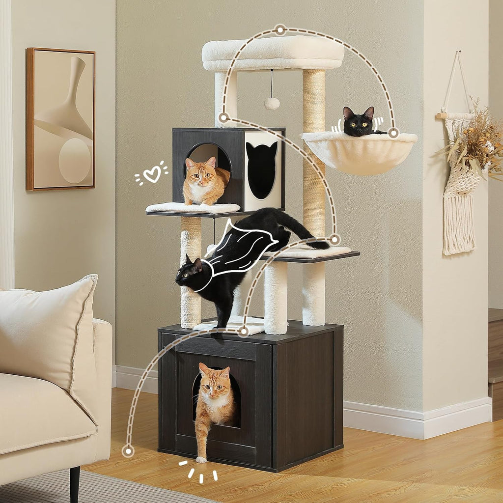 57.5" Cat Tree with Litter Box Enclosure for Large Indoor Cats