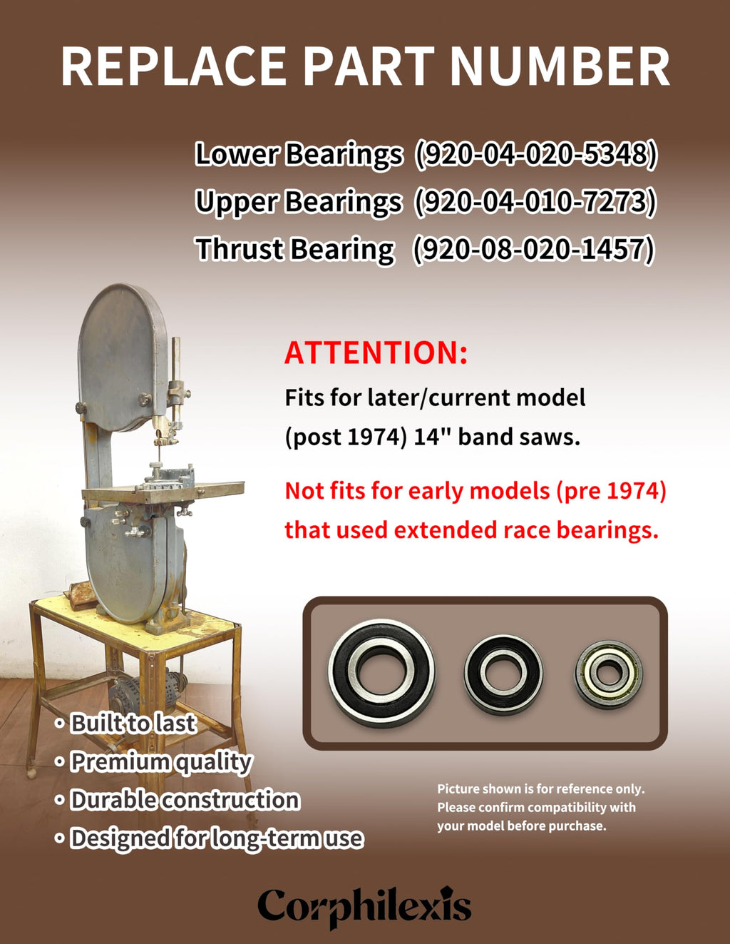 Corphilexis Bearing Kit Compatible with Rockwell & Delta 14" Wood Cutting Band Saws (Post 1974)-Upper Wheel, Lower Drive Shaft & Blade Thrust Bearings