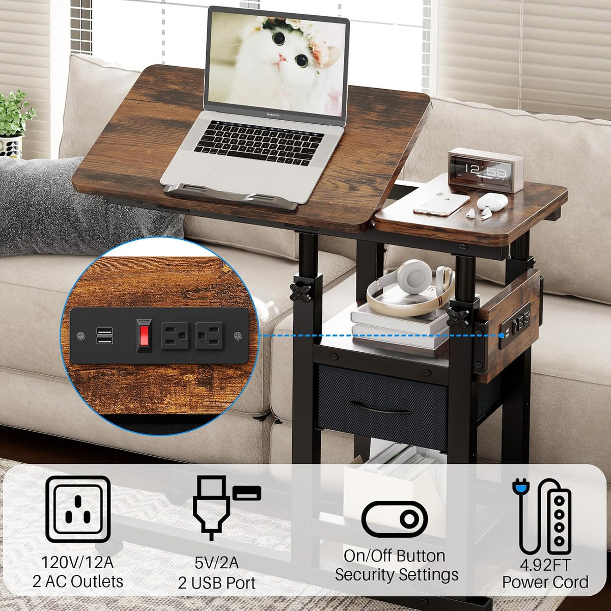 Adjustable Overbed Bedside Table with Wheels, Charging Station