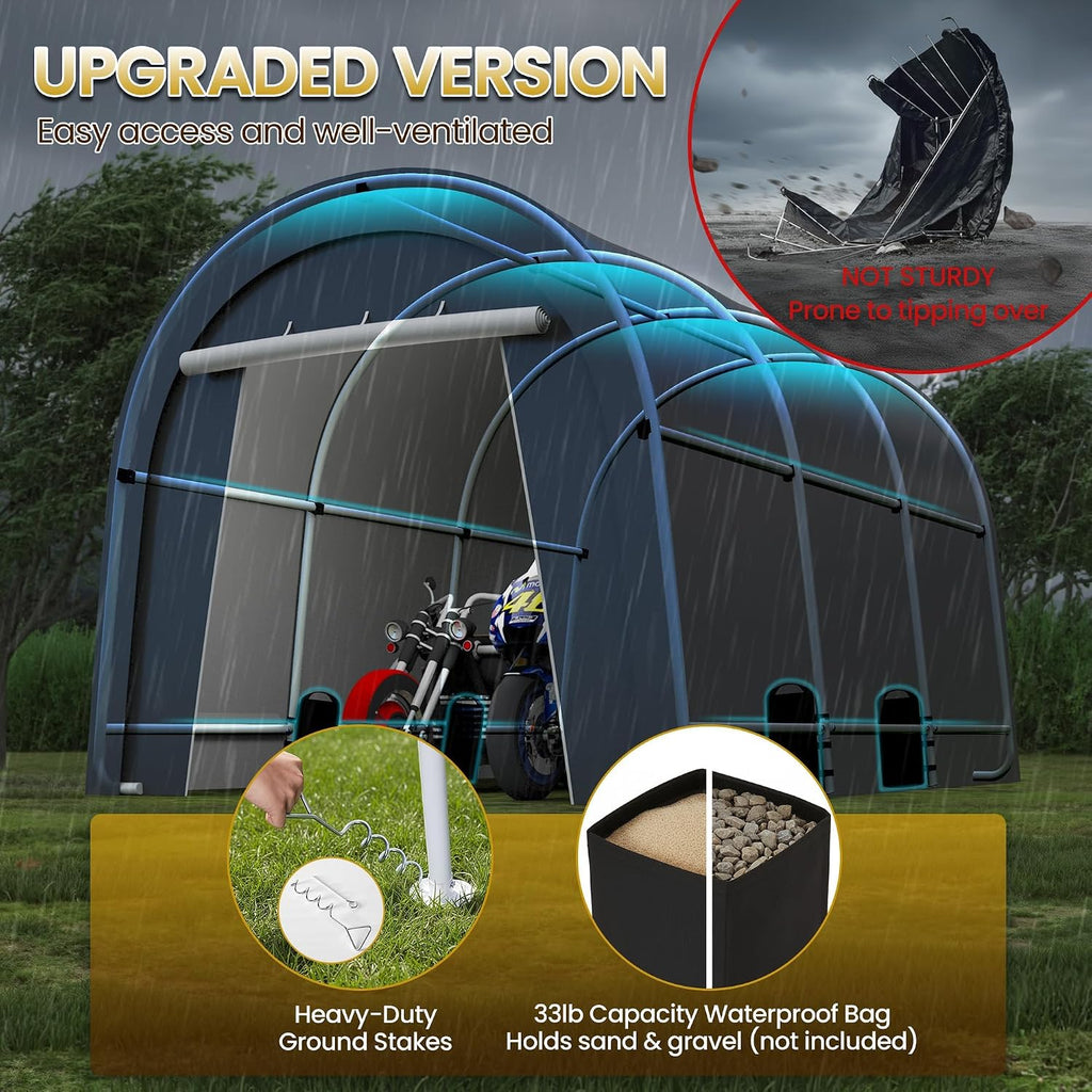 10' x 15' Portable Garage,Carport with 4 Cloth Bags, Car Port for UV & Rain | Car Canopy with 6 Heavy Duty Ground