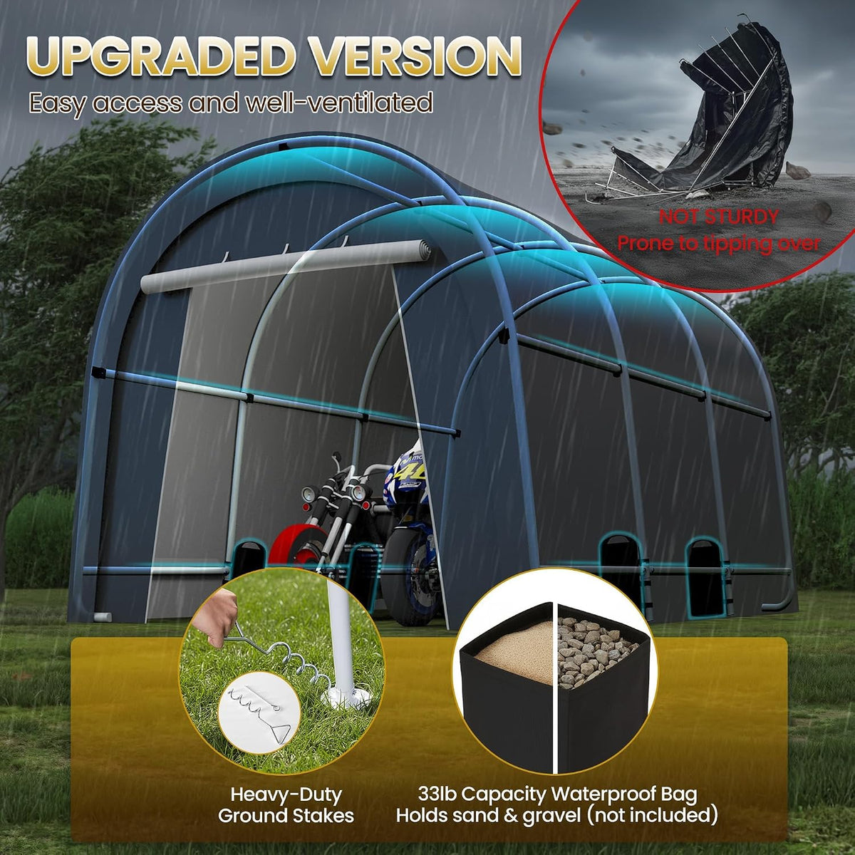 10' x 15' Portable Garage,Carport with 4 Cloth Bags, Car Port for UV & Rain | Car Canopy with 6 Heavy Duty Ground