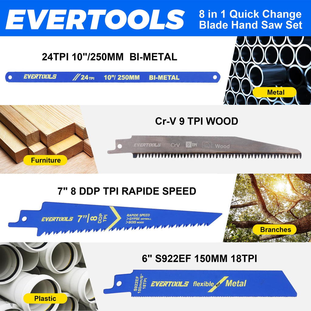 EVERTOOLS 8-in-1 Multi-Blade Hand Saw with 8 Replaceable Blades