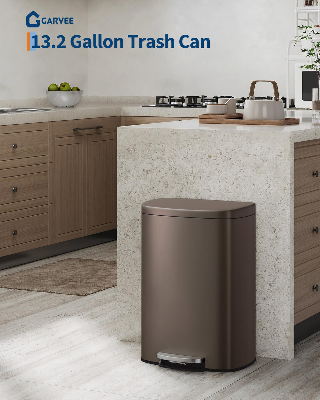 Stainless Steel Kitchen Trash Can, 13 Gal / 50 L Step-On Garbage Bin with Soft Close Lid, Large Rustproof Metal Trash