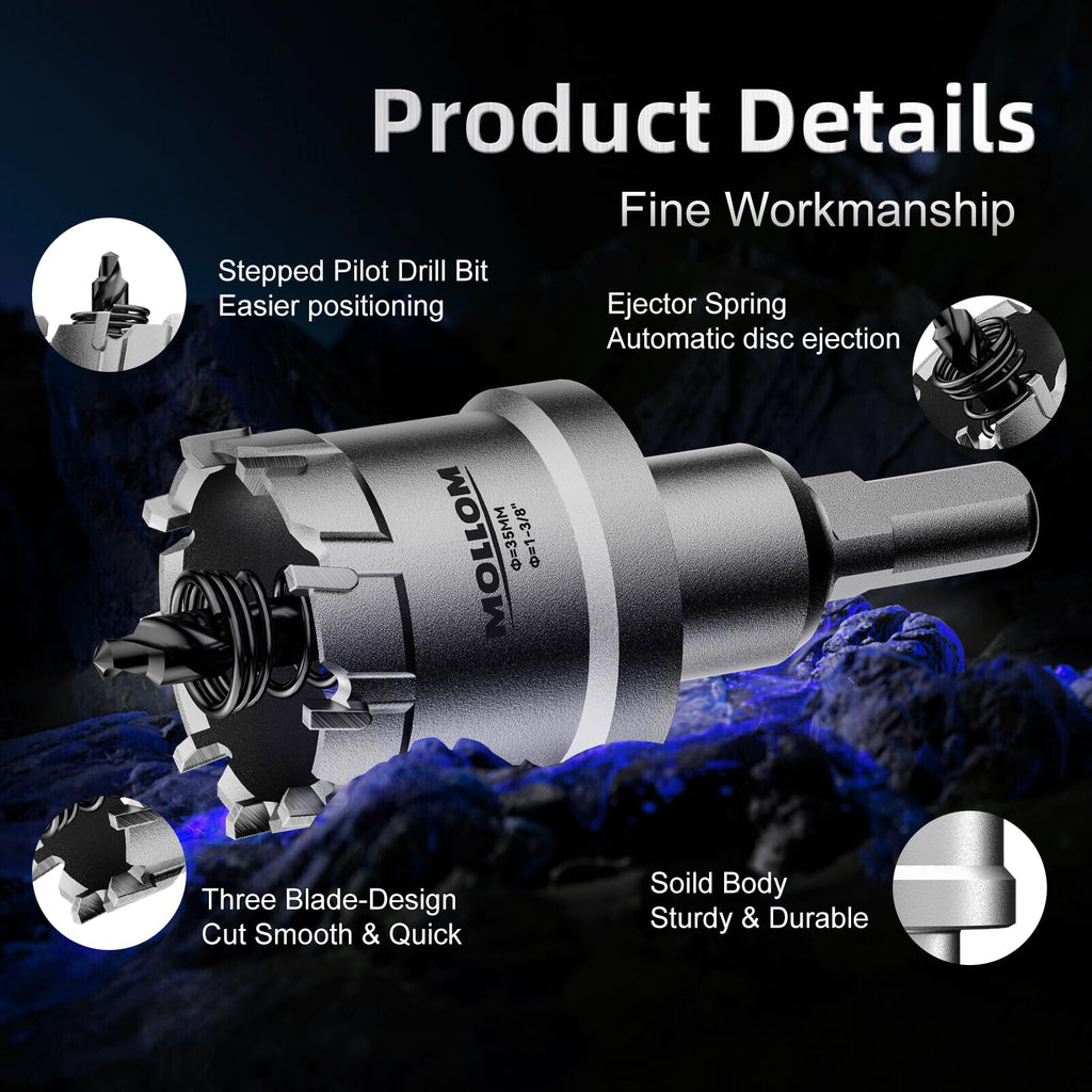 Mollom 2-5/32" (55mm) Heavy Duty Carbide Hole Saw with 2 Pilot Bits