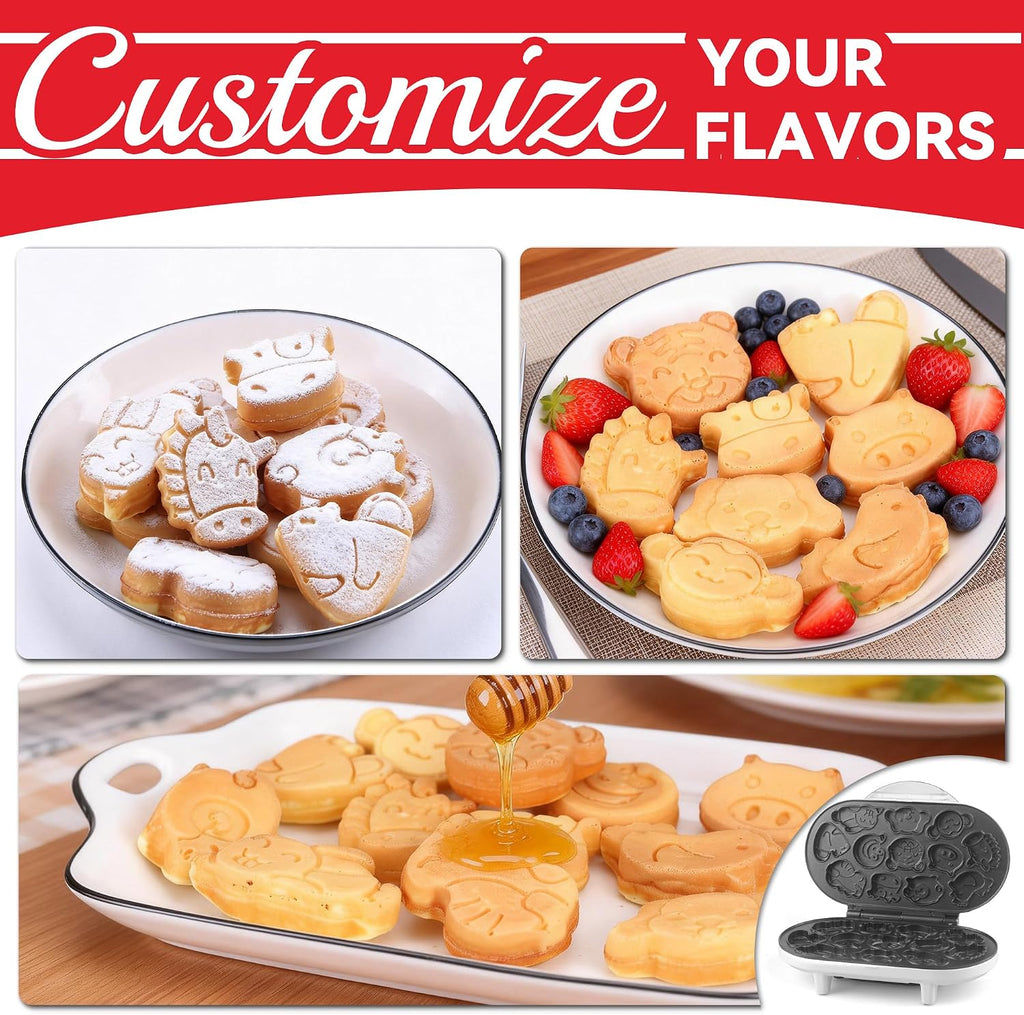 Animal Mini Waffle Maker for Kids, Mini Pancakes Maker Machine with 12 Different Animal Pancake Molds, Small Waffle
