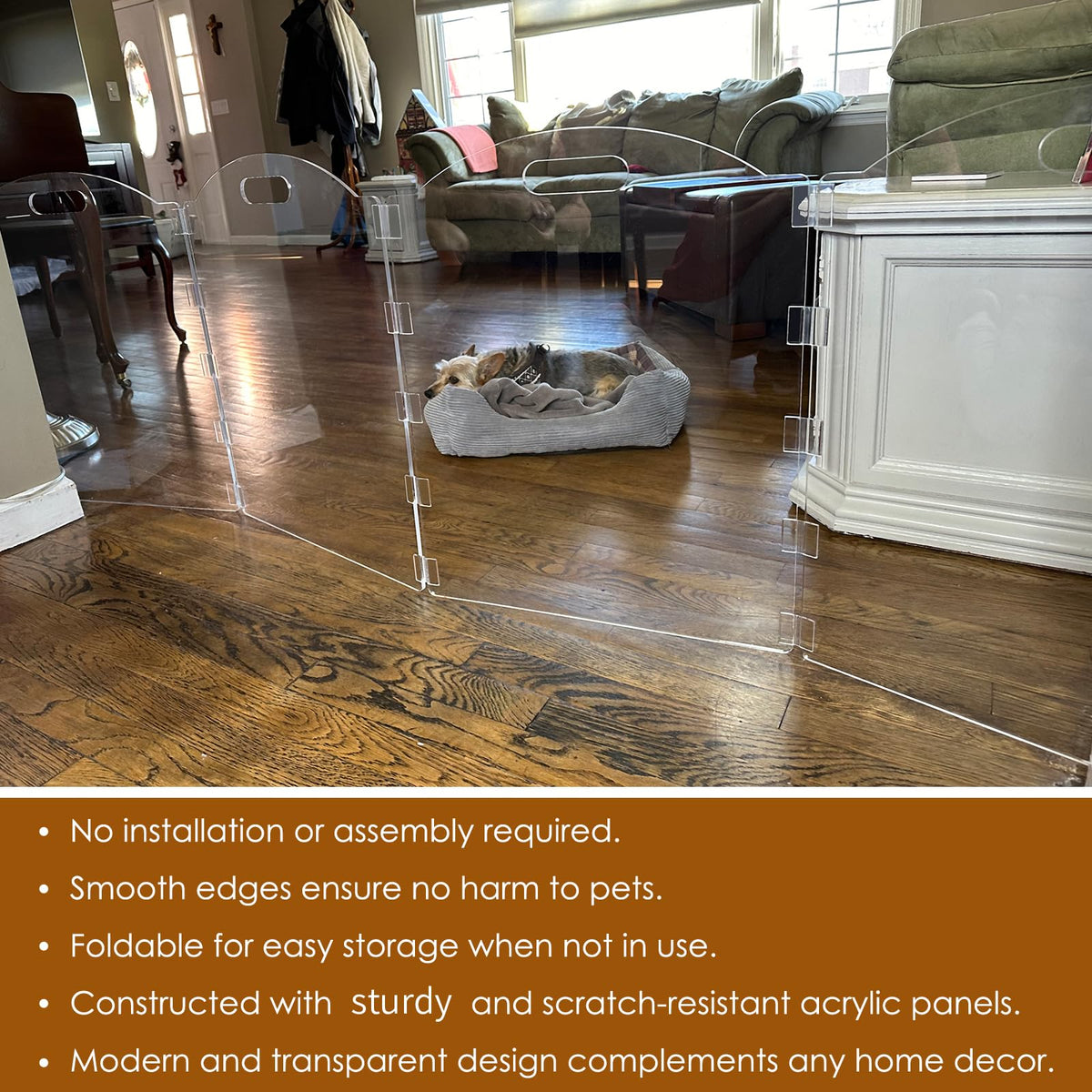 6-Panel Clear Acrylic Freestanding Indoor Pet Barrier Gate with Modern Folding Frame for Wide Doorways, Hallways & Stairs